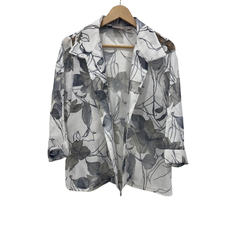 Chico's Floral Open Front Lightweight Jacket Cardigan Gray White Size 1 (Medium)